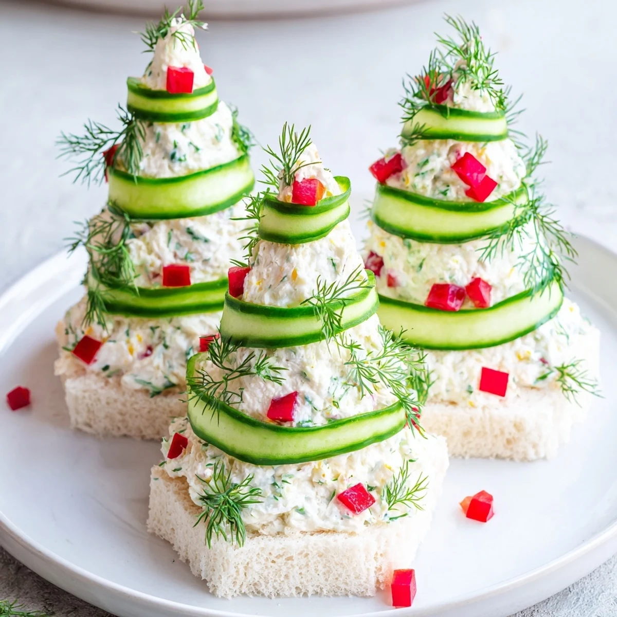 Festive Cucumber and Cream Cheese Tree Stacks make delightful bite-sized snacks, perfect for holiday gatherings.