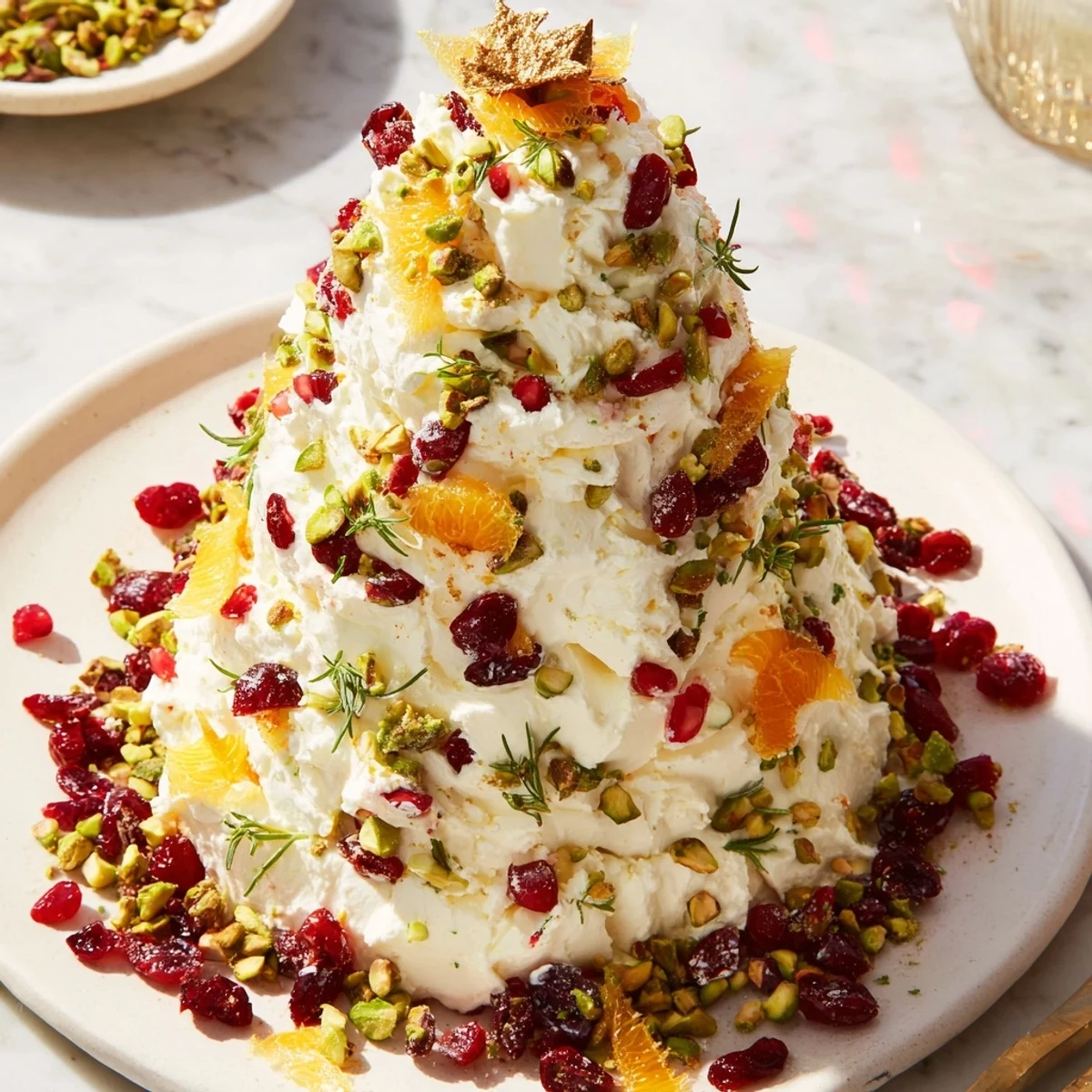 Christmas festive Rosemary Cranberry Christmas Tree appetizer; a beautiful cheese spread with cranberries and rosemary garnish.