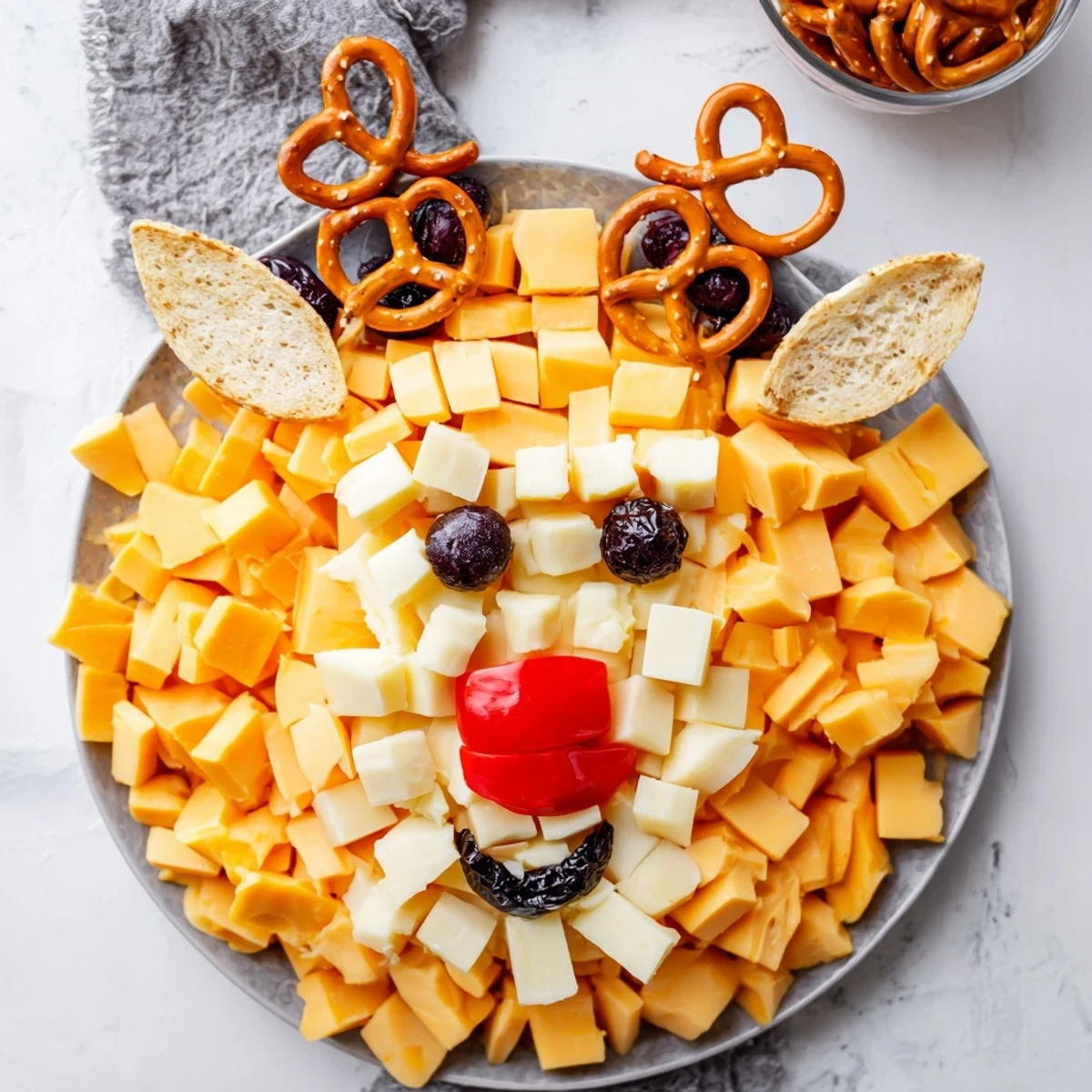 Cheesy Reindeer Face Platter: a festive spread of cheddar, mozzarella, and gouda cheese arranged with olives and pepper.