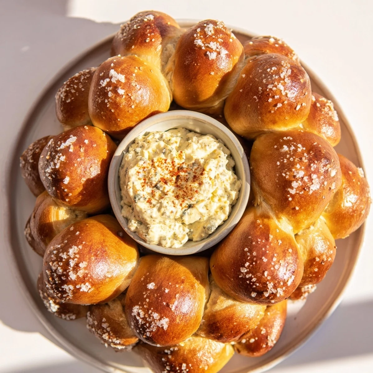 Golden pretzel wreath dip ring, a warm and inviting appetizer, perfect for sharing and dipping.