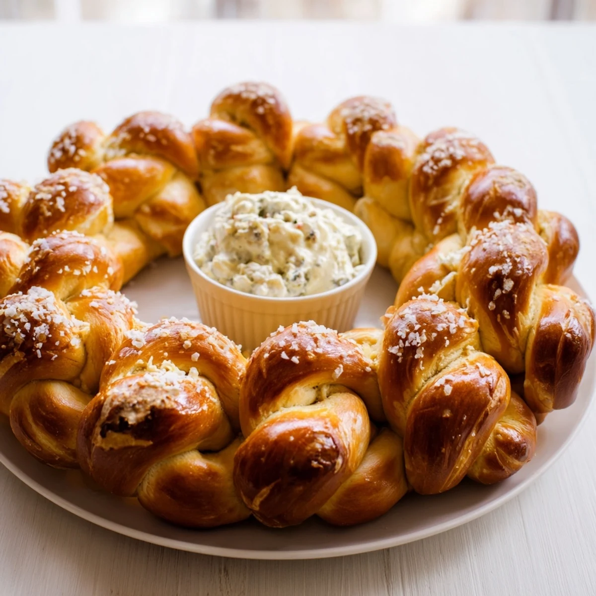 A close-up of pretzel wreath dip ring, baked golden-brown, with a creamy spinach cheese dip center.