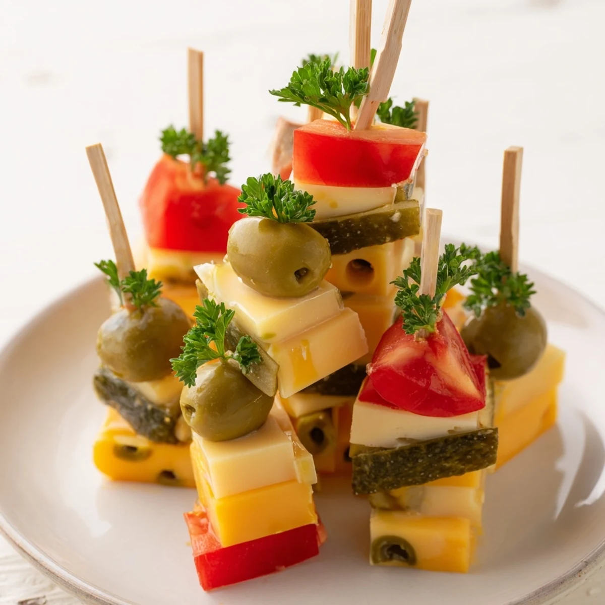 Festive Cube Cheese Stack with vibrant cheese cubes, cherry tomatoes, and olives ready to enjoy.