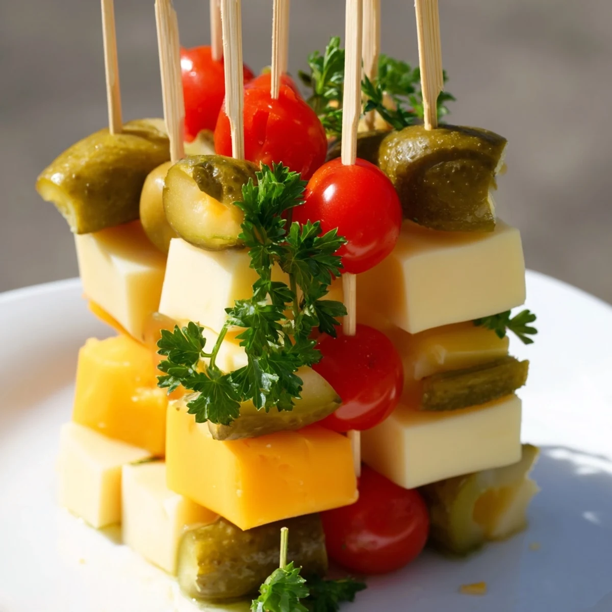 Freshly garnished Festive Cube Cheese Stack, a colorful and delicious bite for any party.