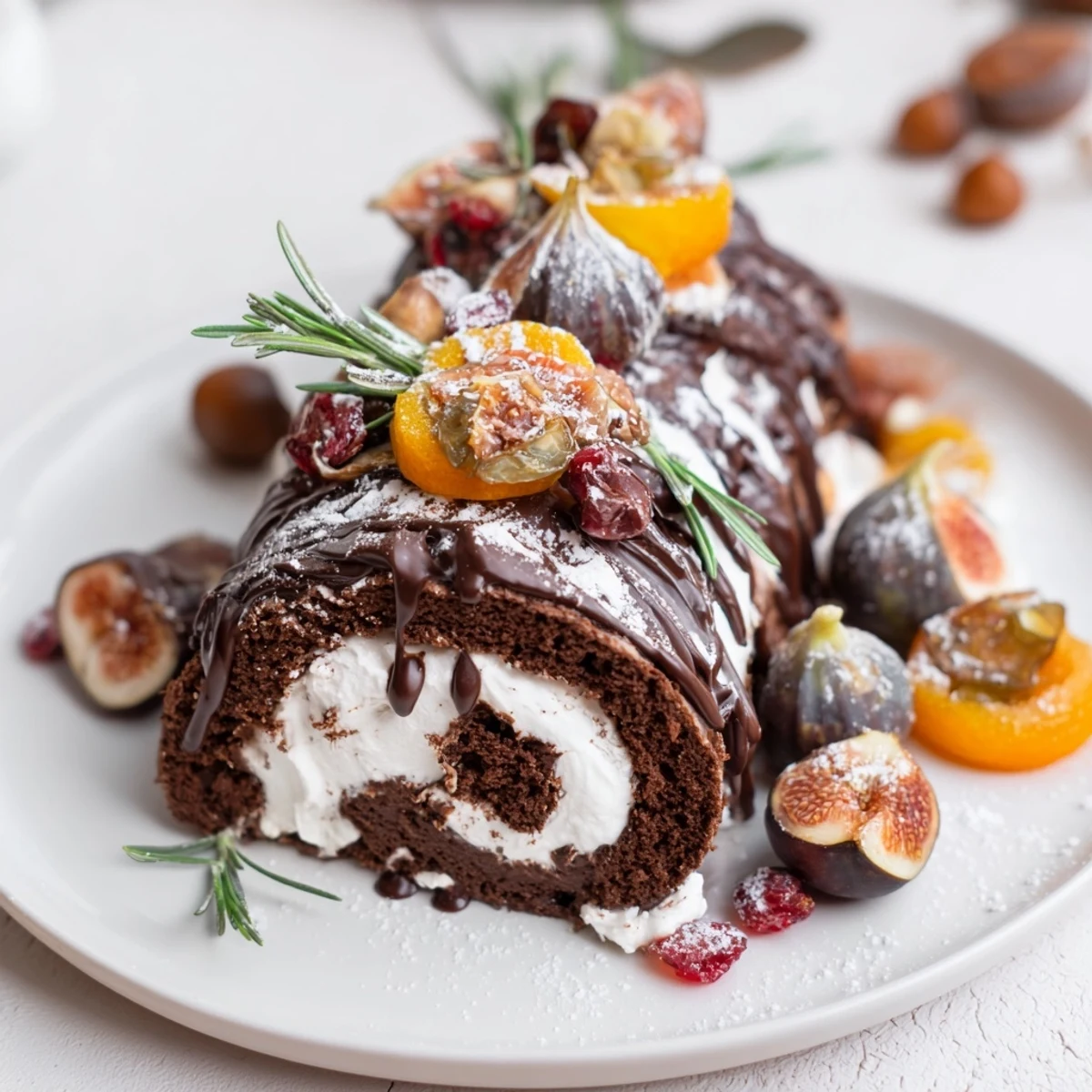 A Winter Warmer Fireplace Log Dessert Board featuring chocolate roulade with gingerbread and candied oranges.