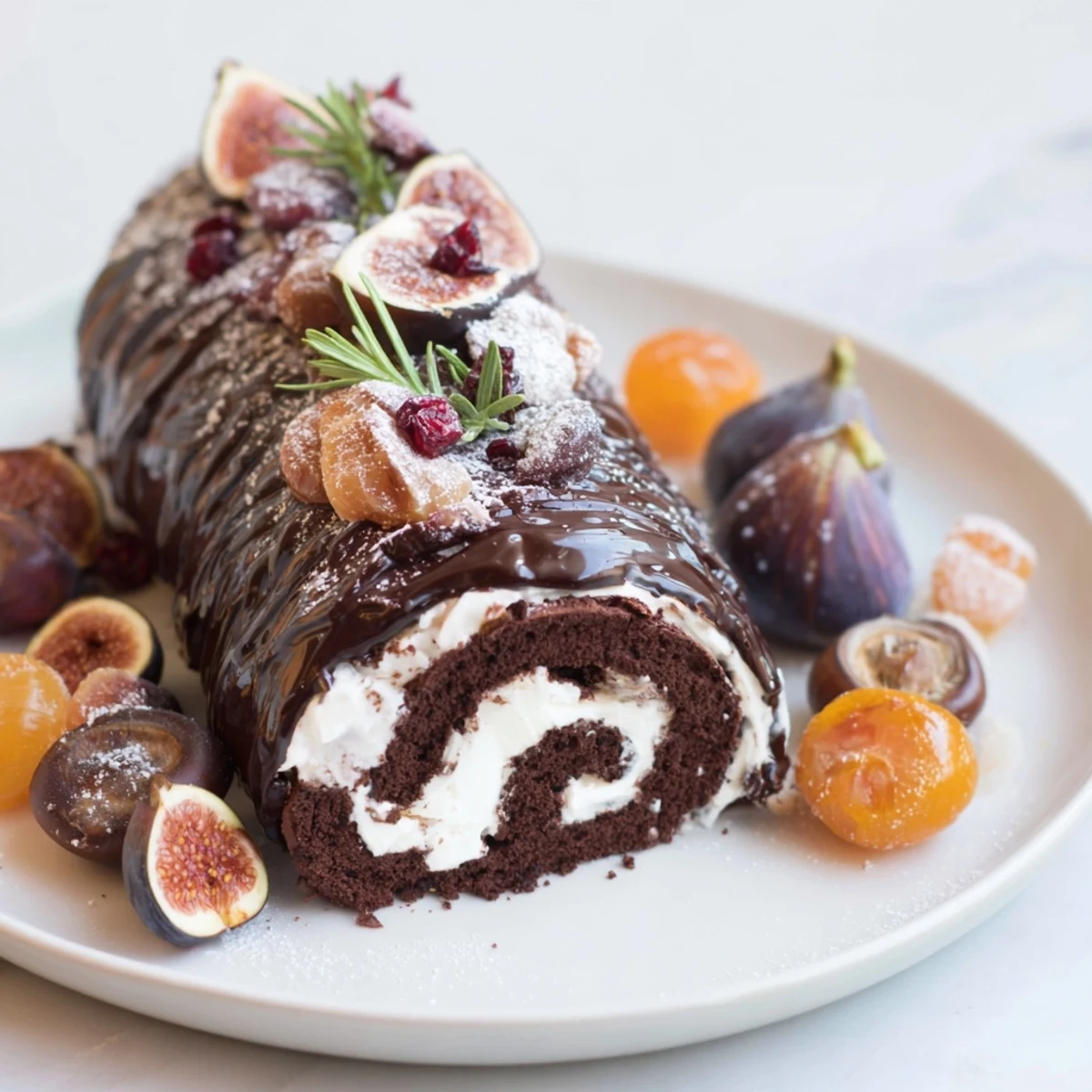 This festive Winter Warmer dessert board shows a chocolate fireplace log decorated with sugared cranberries.