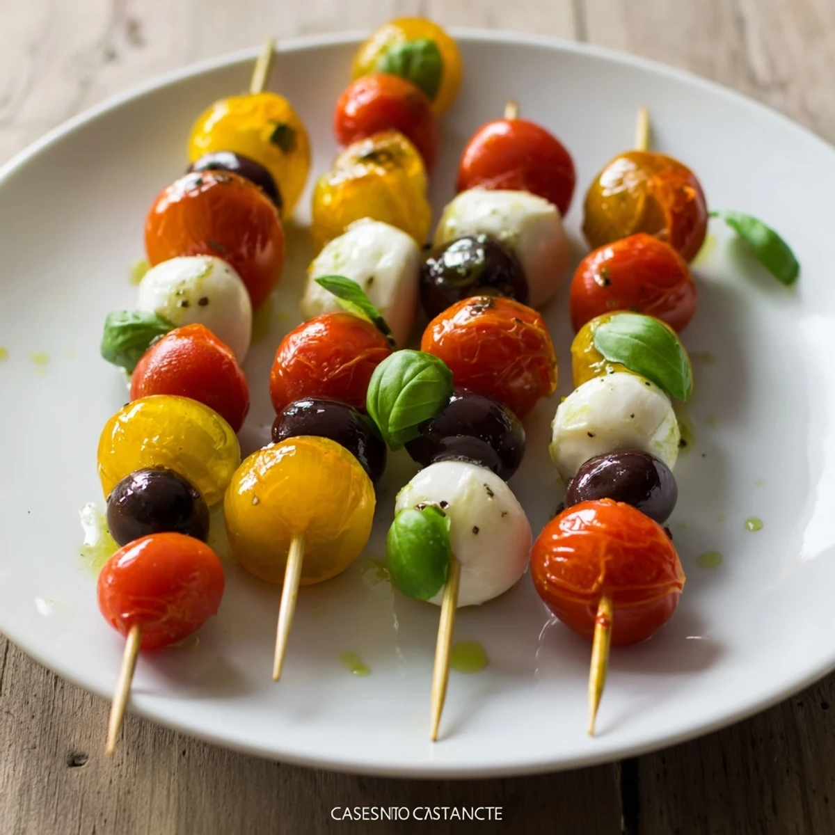 Christmas Lights Olive and Tomato Skewers arranged on a platter, showcasing vibrant cherry tomatoes and green olives.