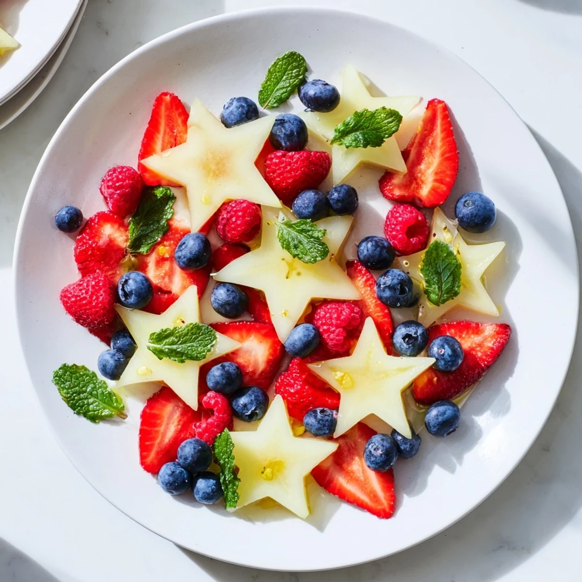 Vibrant Starfruit and Berry Platter arranged, featuring juicy red strawberries and fresh blueberries for a light snack.