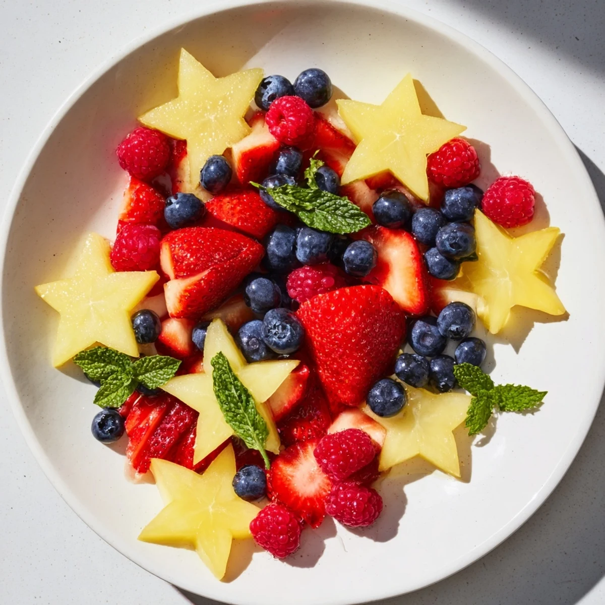 A close-up view of the Starfruit and Berry Platter, ready to serve, with optional mint and lime accents.
