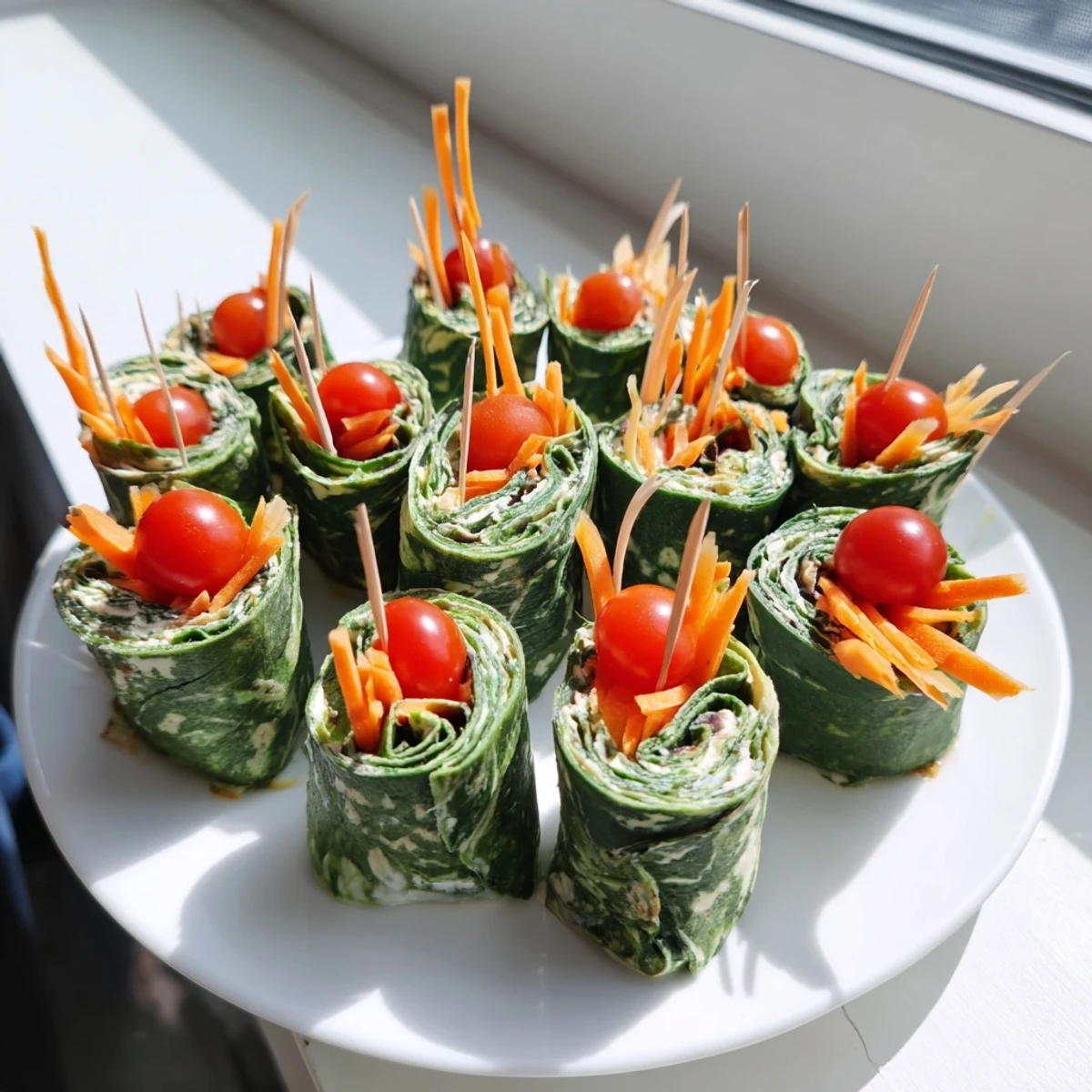 Fresh Holly Leaf Spinach Wraps, beautifully rolled with vibrant fillings and cherry tomato "berries."