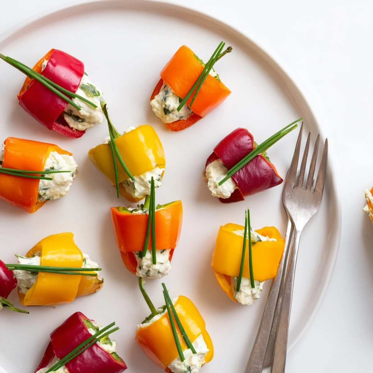 Cheerful close-up of festive Bell Pepper Christmas Bows, filled with creamy, fresh herb filling.