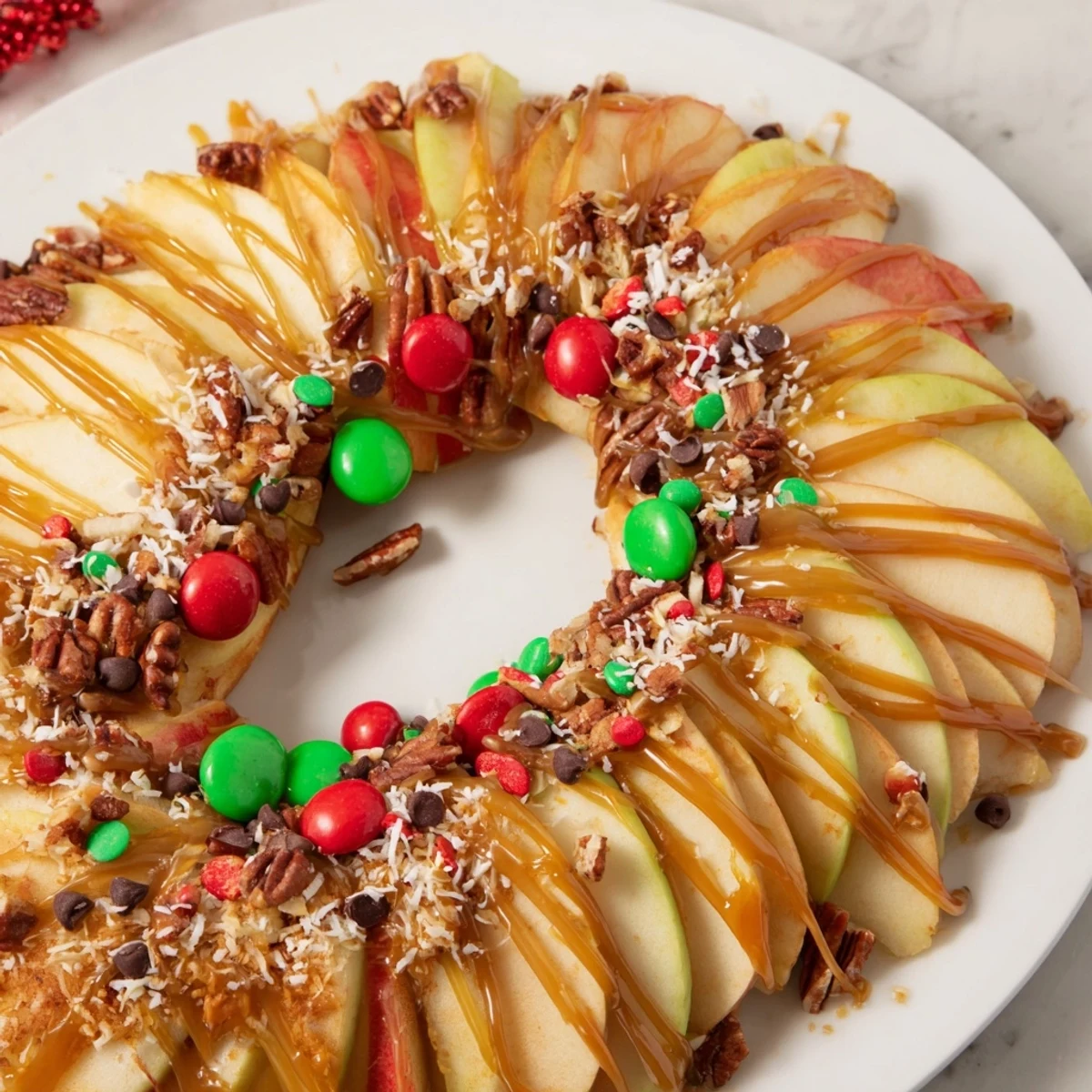 Crisp Caramel Apple Slice Christmas Wreath, drizzled with chocolate and decorated with festive candies.