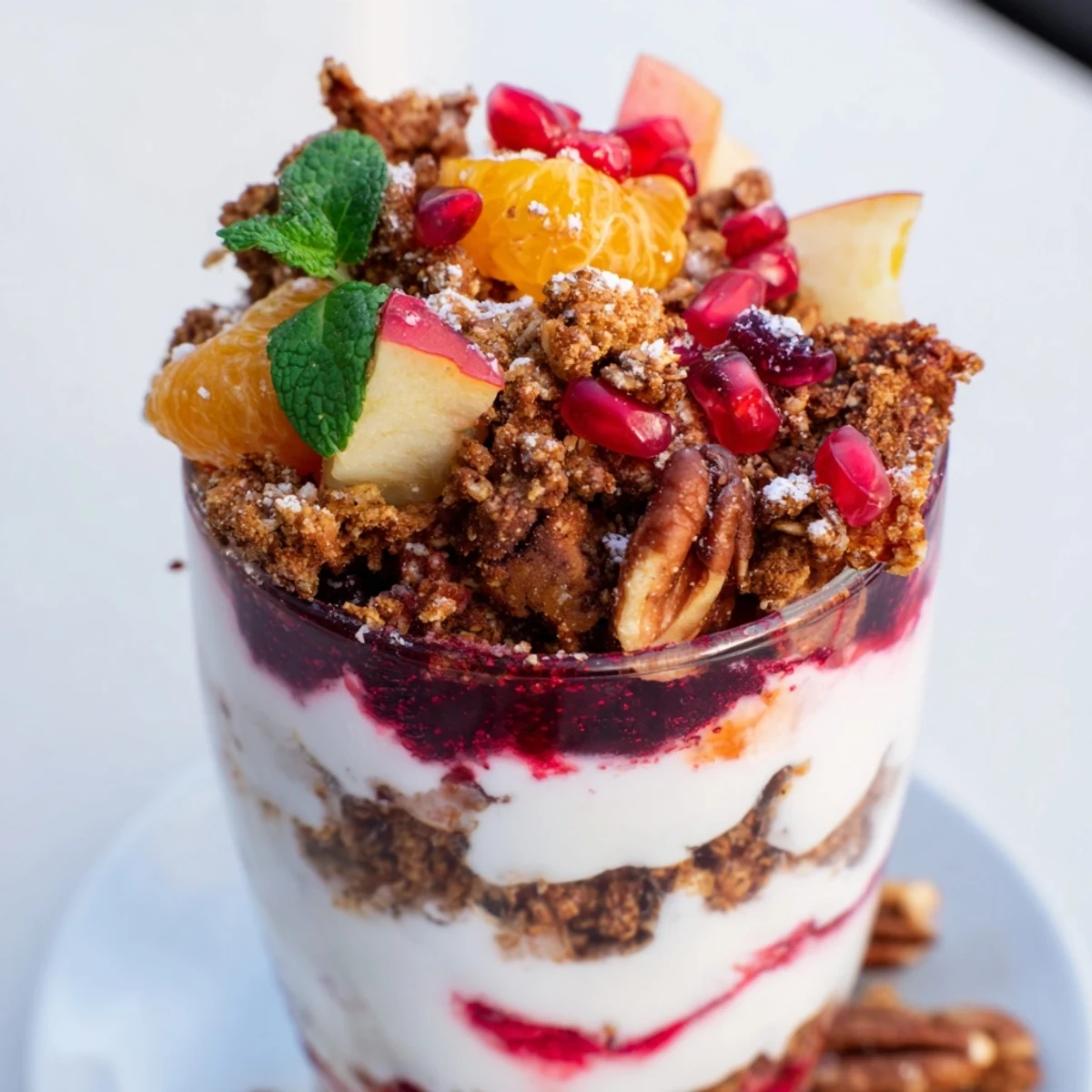 Christmas Pudding Yogurt Parfait Bar layers, a festive breakfast brunch with berries and crunchy granola.