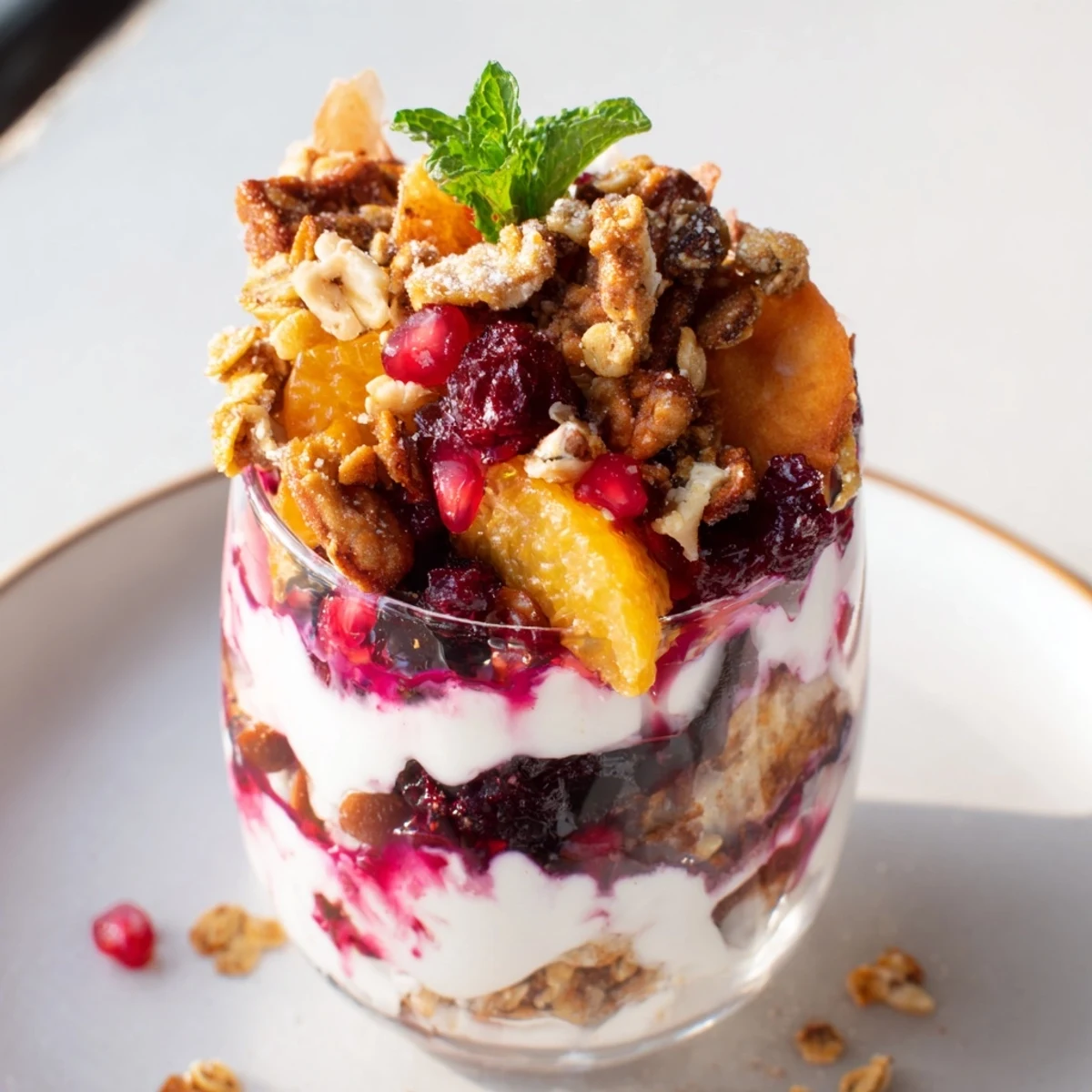 Fresh fruit compote atop a Christmas Pudding Yogurt Parfait Bar—an easy, delicious holiday brunch starter.
