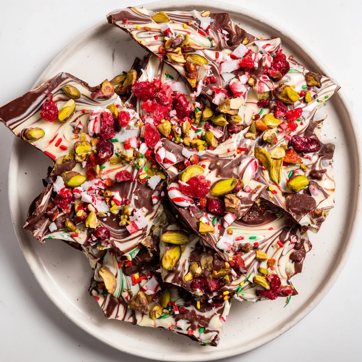 Festive Holiday Bark shards displaying a marbled chocolate base with vibrant toppings like cranberries and pistachios.