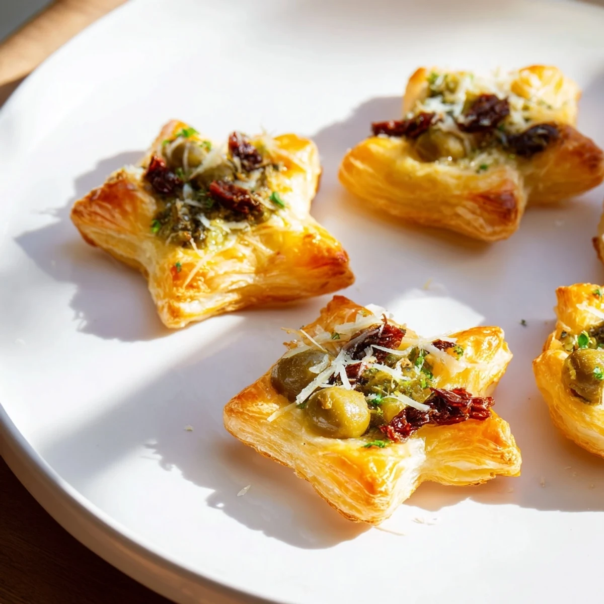 Golden Olive and Sundried Tomato Star Garland, a delightful appetizer brimming with Mediterranean flavors, ready to eat.