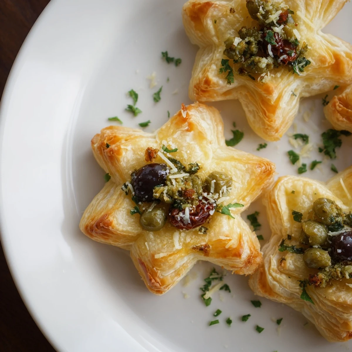 Crispy, golden-brown Olive and Sundried Tomato Star Garland, a perfect vegetarian snack for gatherings.