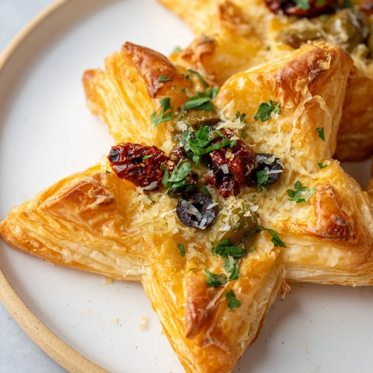 Enjoy the savory Olive and Sundried Tomato Star Garland, beautifully garnished with fresh basil leaves.