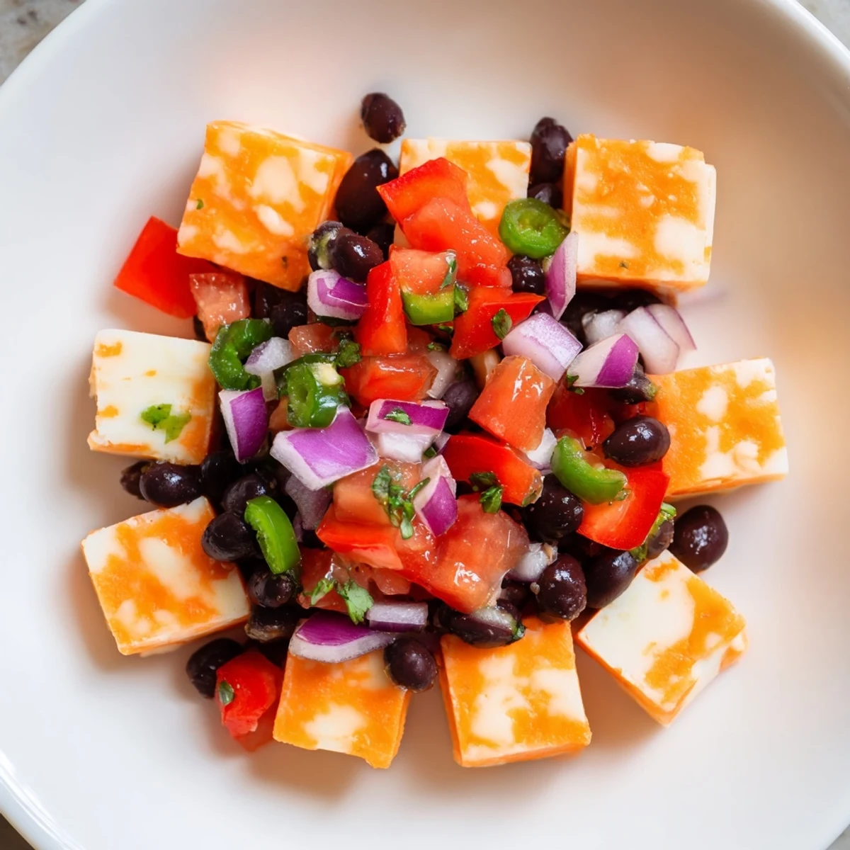 A close-up of Pepper Jack cubes and salsa, promising flavorful bites of this easy appetizer.
