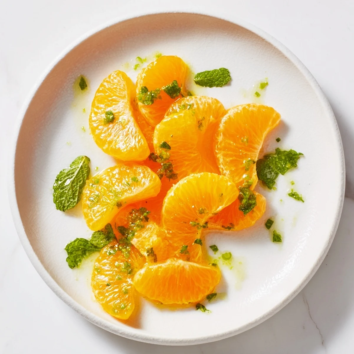Vibrant photo of a clementine and mint winter fruit salad, bursting with citrus and fresh mint.