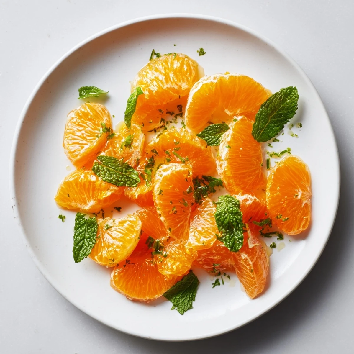 Close-up of winter fruit salad: juicy clementine segments mixed with fresh mint, beautifully presented.
