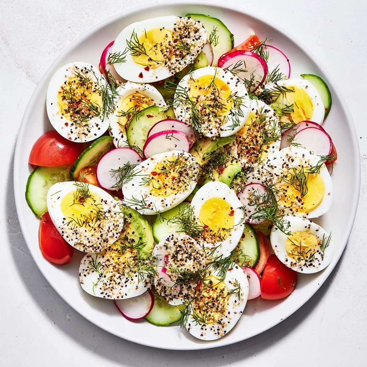 A beautifully arranged brunch board with savory everything bagel seasoning on sliced eggs.