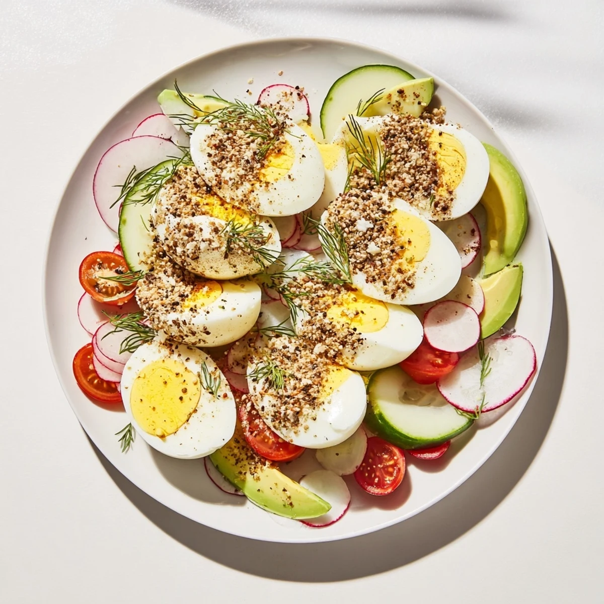 Everything bagel seasoning sprinkled over perfectly sliced eggs on an inviting brunch spread.