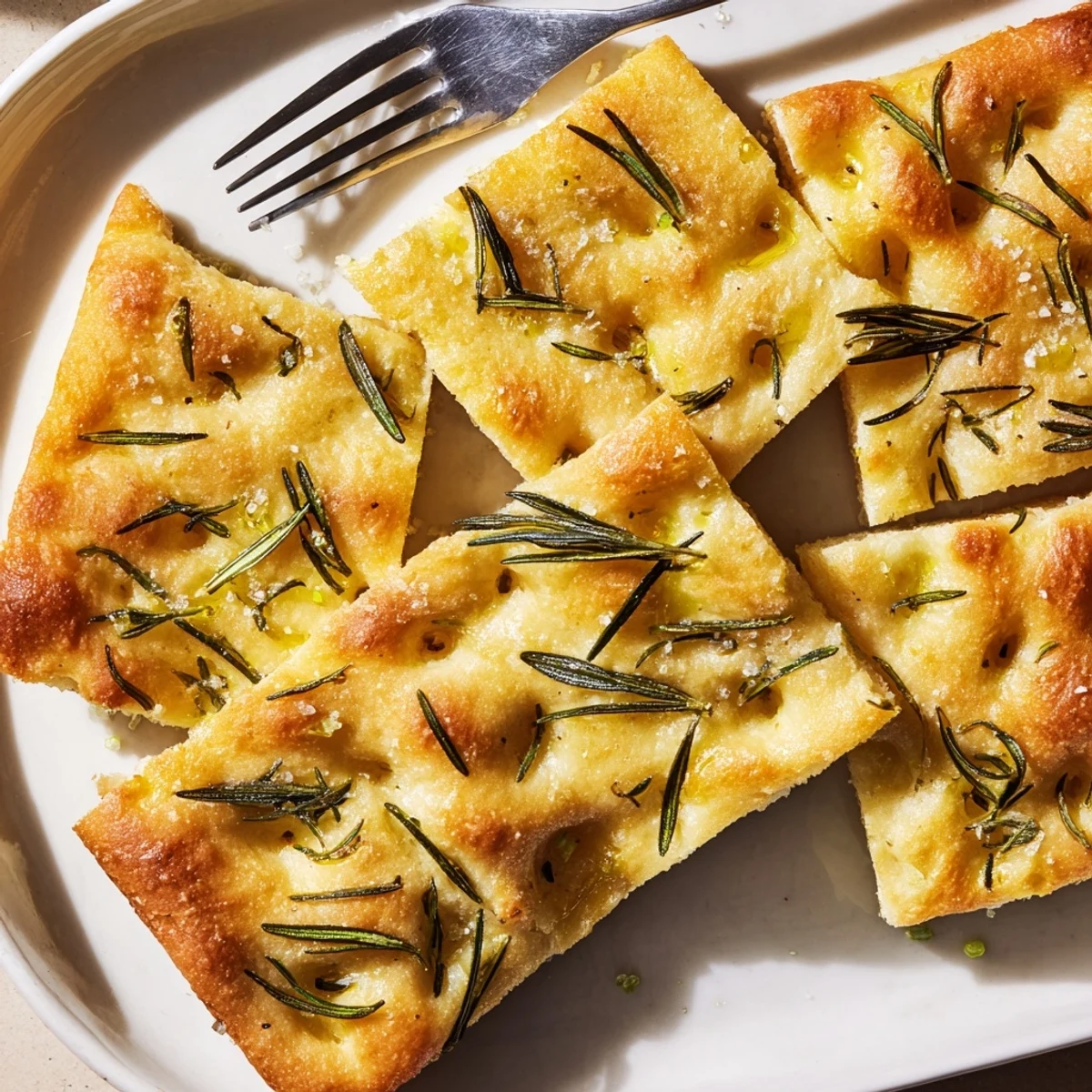 Golden-crusted holiday bread: sliced focaccia, fragrant rosemary, and sprinkled sea salt on top.