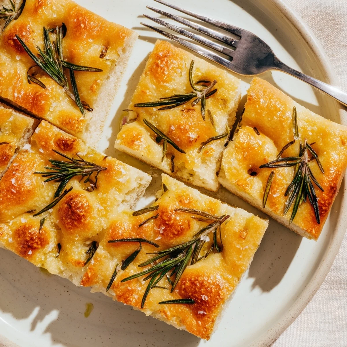 Close-up of a rustic sliced focaccia with rosemary, inviting aroma, and a delicious, soft interior.