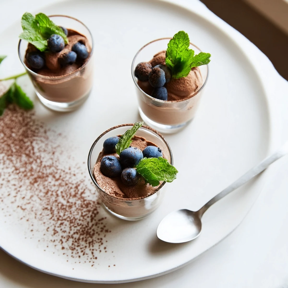 Rich, decadent chocolate mousse dessert cups, chilled and topped with fresh berries, ready to enjoy.