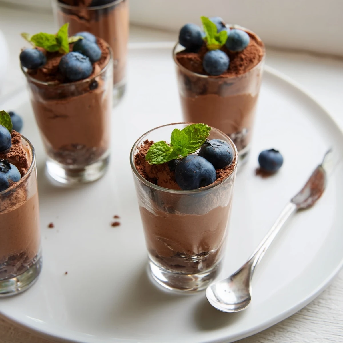 Velvety chocolate mousse dessert cups, garnished with chocolate shavings, ideal for an evening treat.