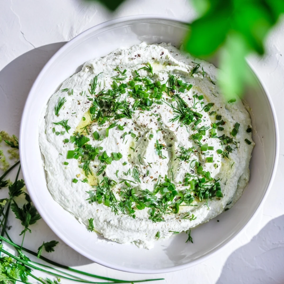 Fresh veggie ranch dip beautifully garnished with chives, inviting you to enjoy this delicious appetizer.