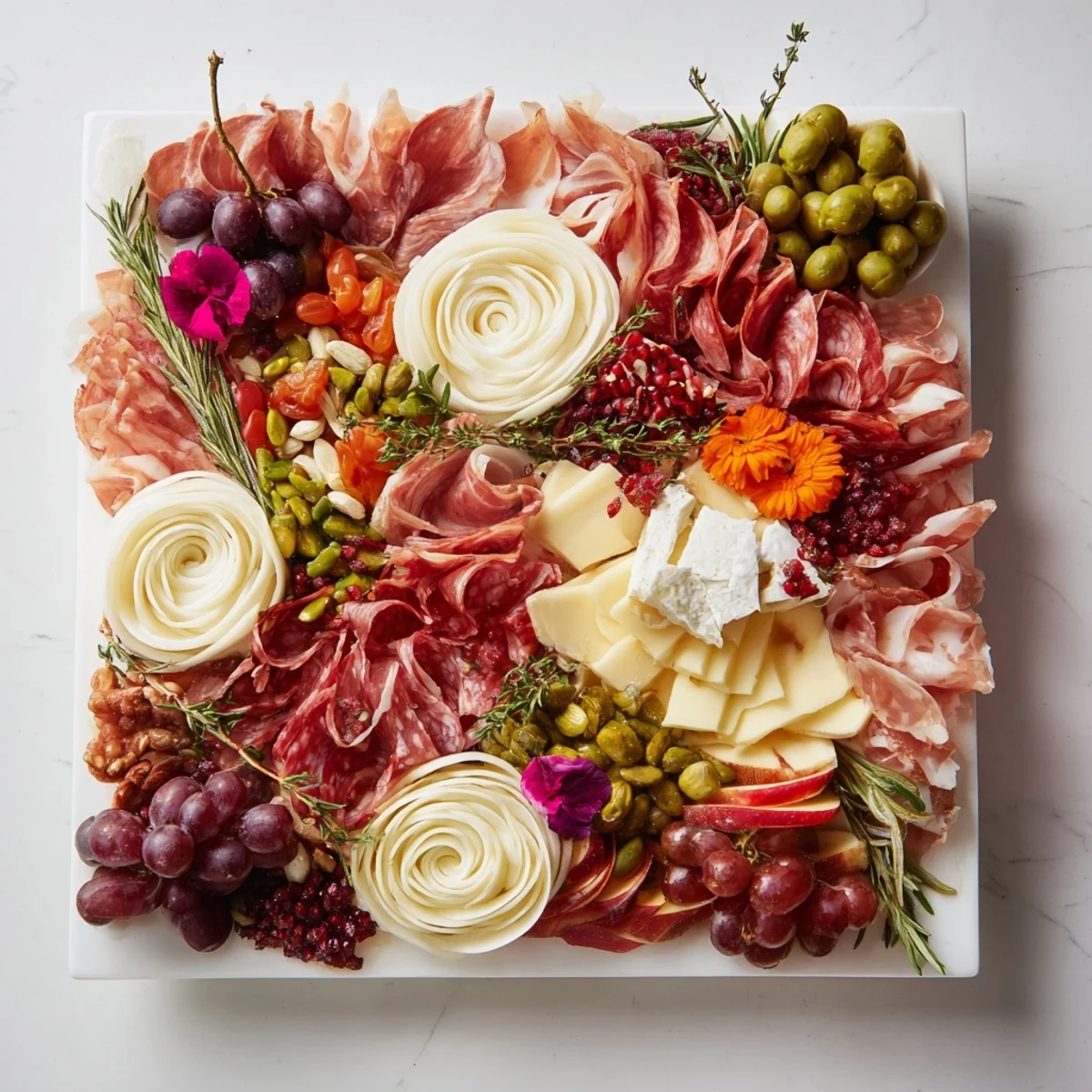 The Advanced Artisan Array appetizer features carefully arranged meats, cheeses, and garnishes for serving guests.