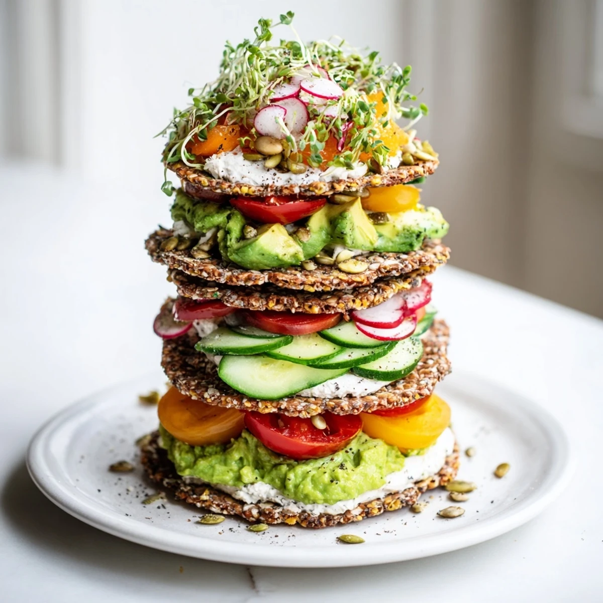 Gluten-Free Gourmet Tower with colorful layers of fresh veggies and creamy spreads stacked beautifully.
