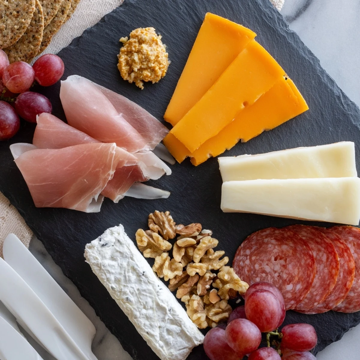 Visual image of a single, elegantly arranged Charcuterie Board for One, perfect for an afternoon snack.