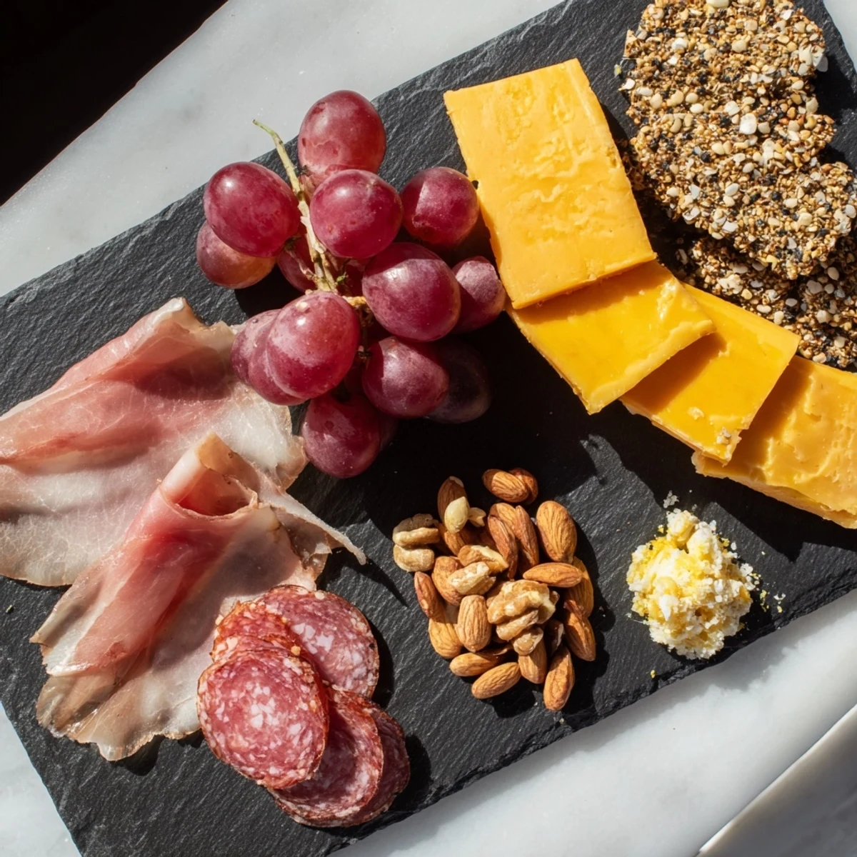 Close-up of a delightful Charcuterie Board for One, showcasing the savory meats and creamy cheeses.