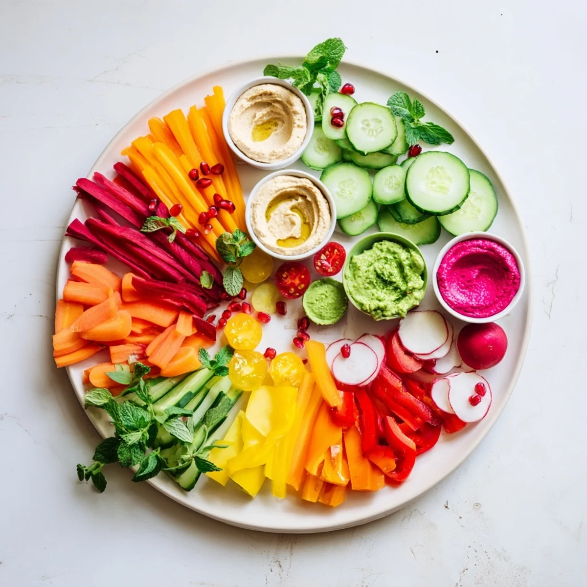 This fresh Vegan Global Gardener Platter showcases vibrant fruits, crisp vegetables, and flavorful plant-based spreads.