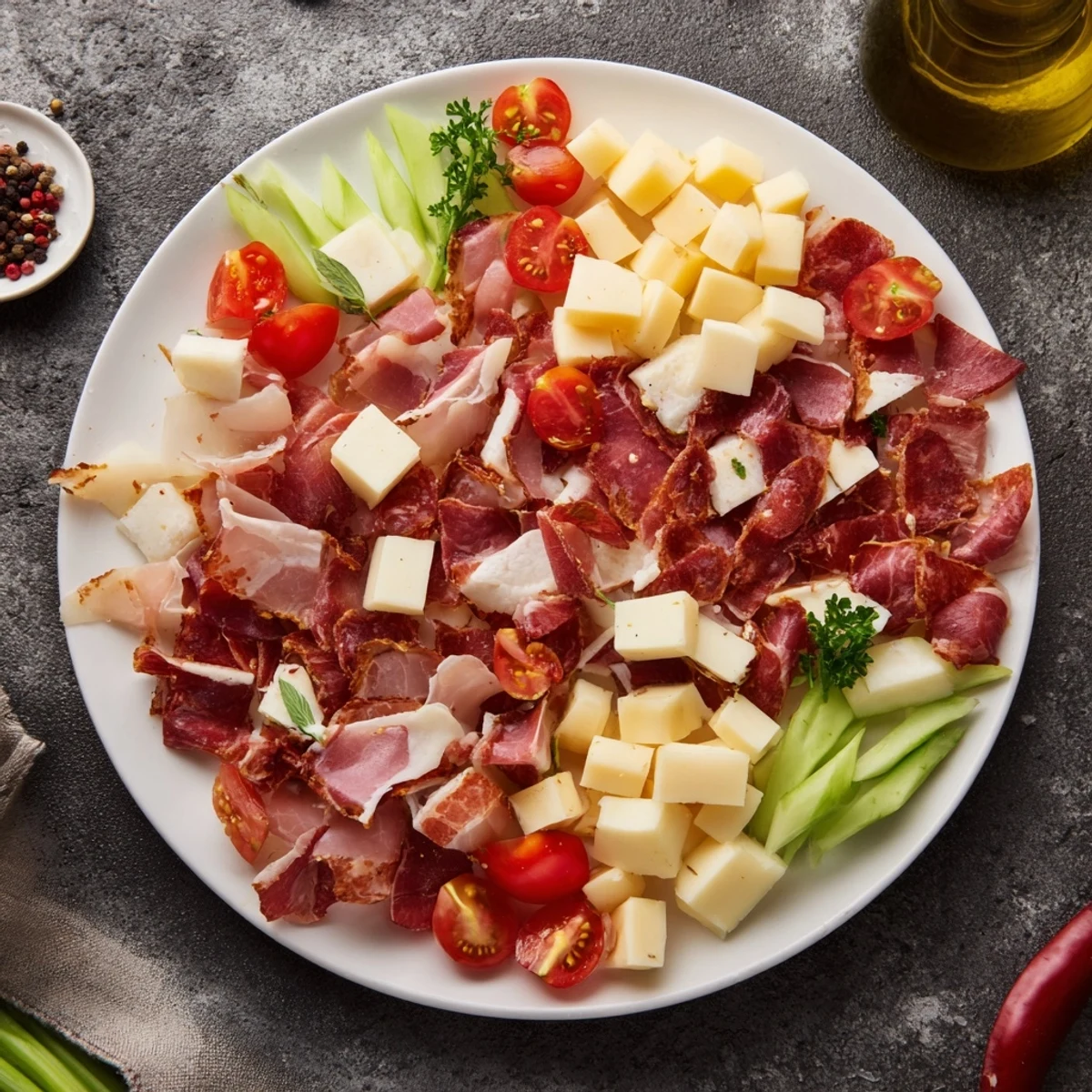 Fresh Keto Power Plate featuring sliced meats and cheese beside cherry tomatoes and crisp cucumber, ready to serve.