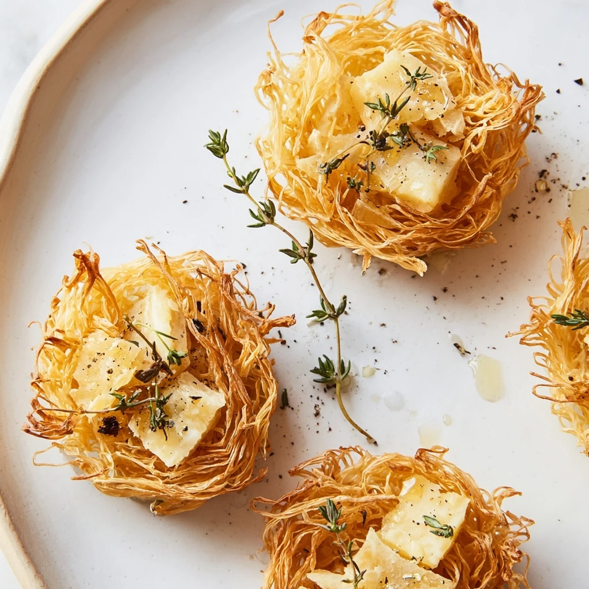 Golden, crispy phyllo nests holding rustic farmhouse cheeses, showcasing this beautiful Rustic Barnyard appetizer.