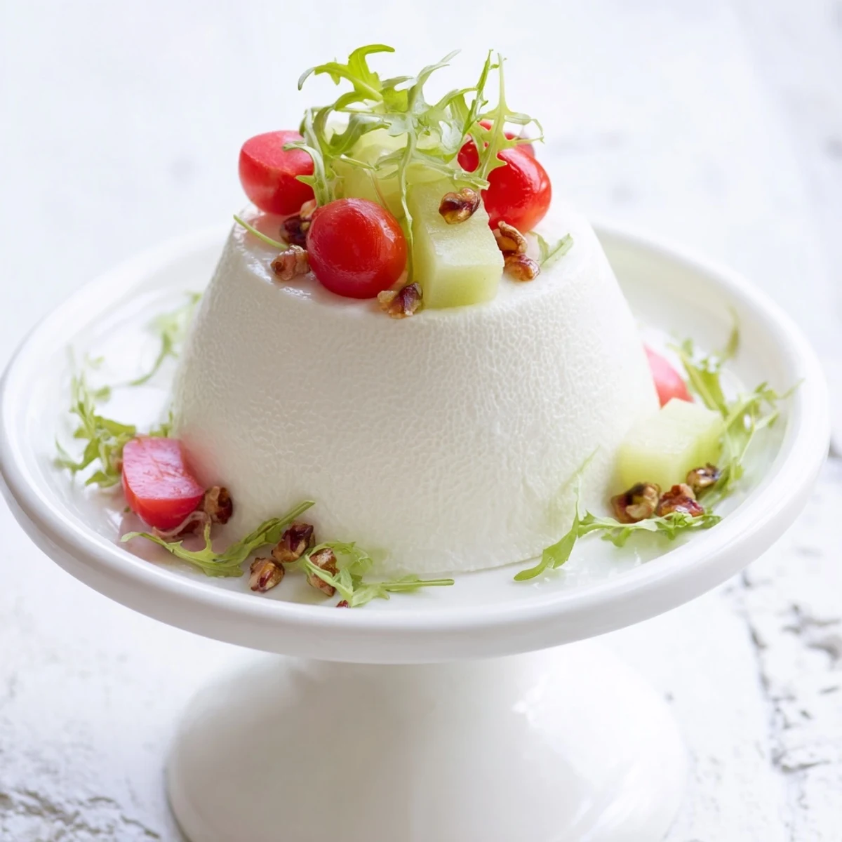 Dramatic Zenith Point salad with creamy artisanal cheese at the center, ready to serve.