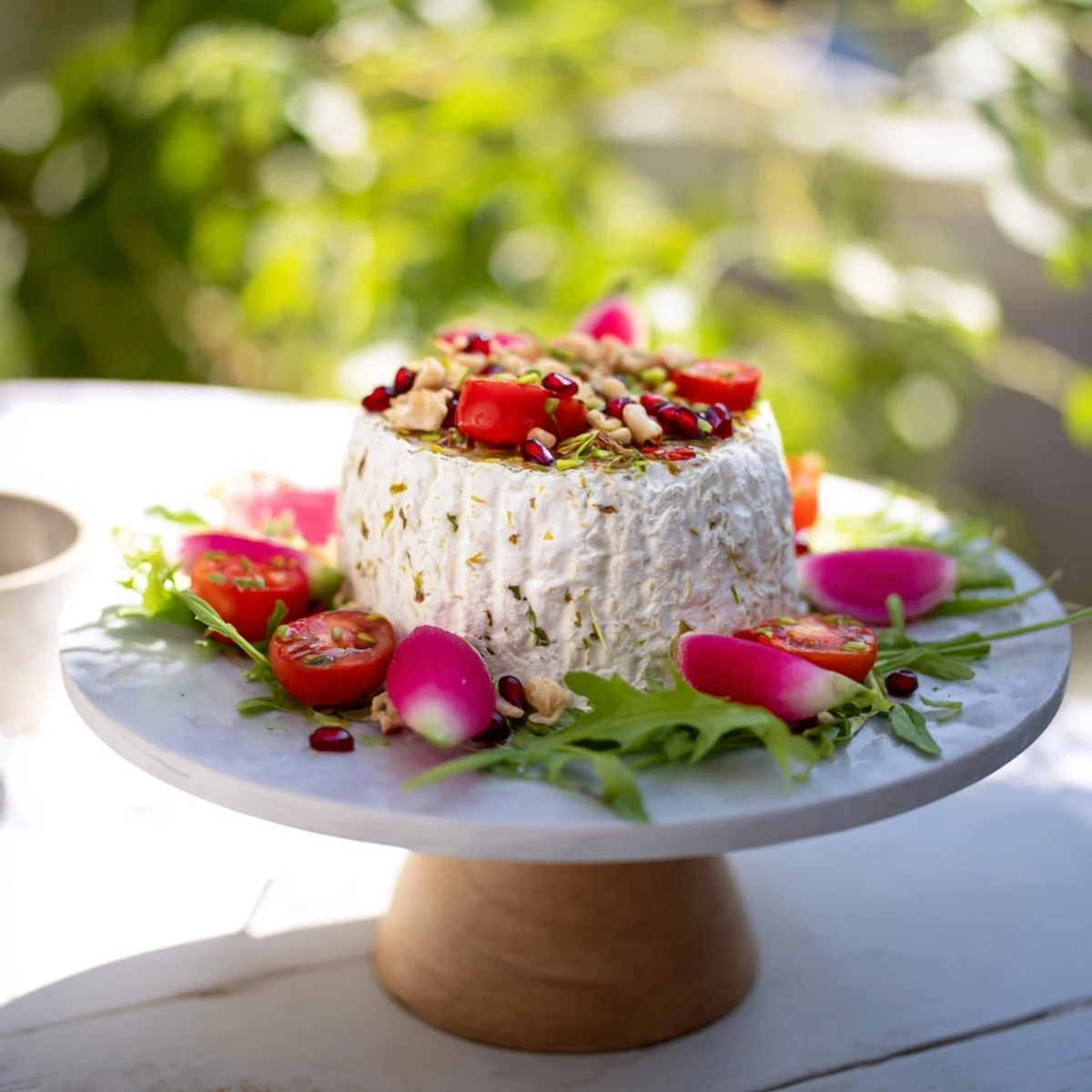 A vibrant Zenith Point salad showcases fresh arugula and vegetables encircling a soft cheese wheel.