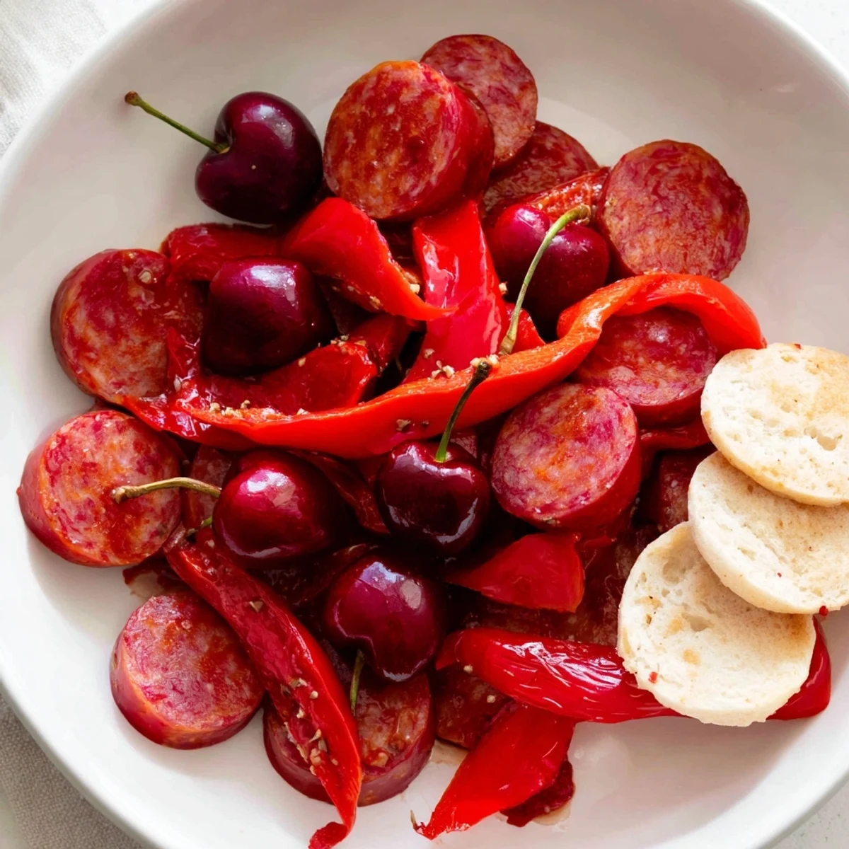 The Crimson Tide appetizer: vibrant red chorizo, cherries, peppers arranged on white crackers.