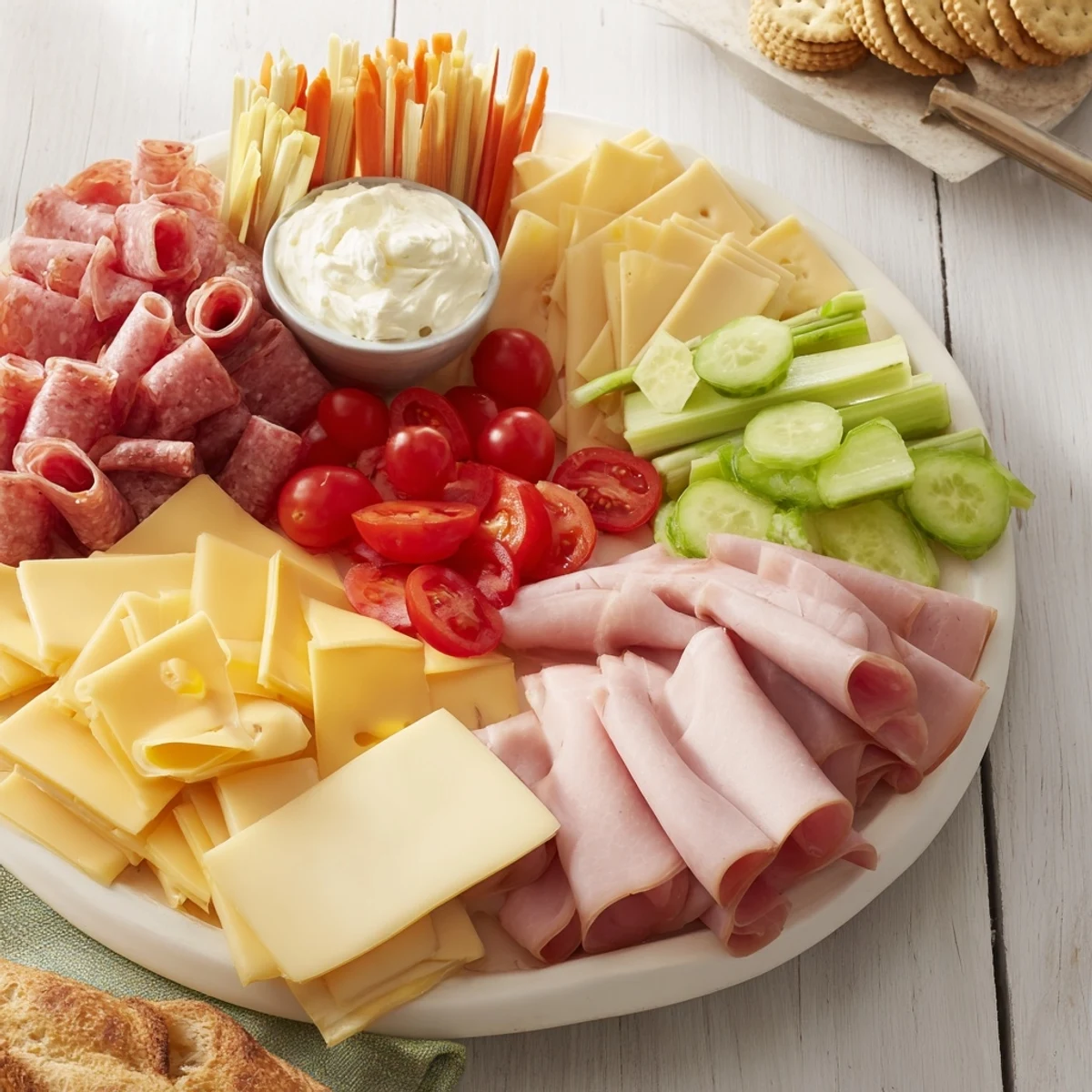 Family gathered around a budget-friendly family spread of meats, cheeses, and colorful fresh vegetables.