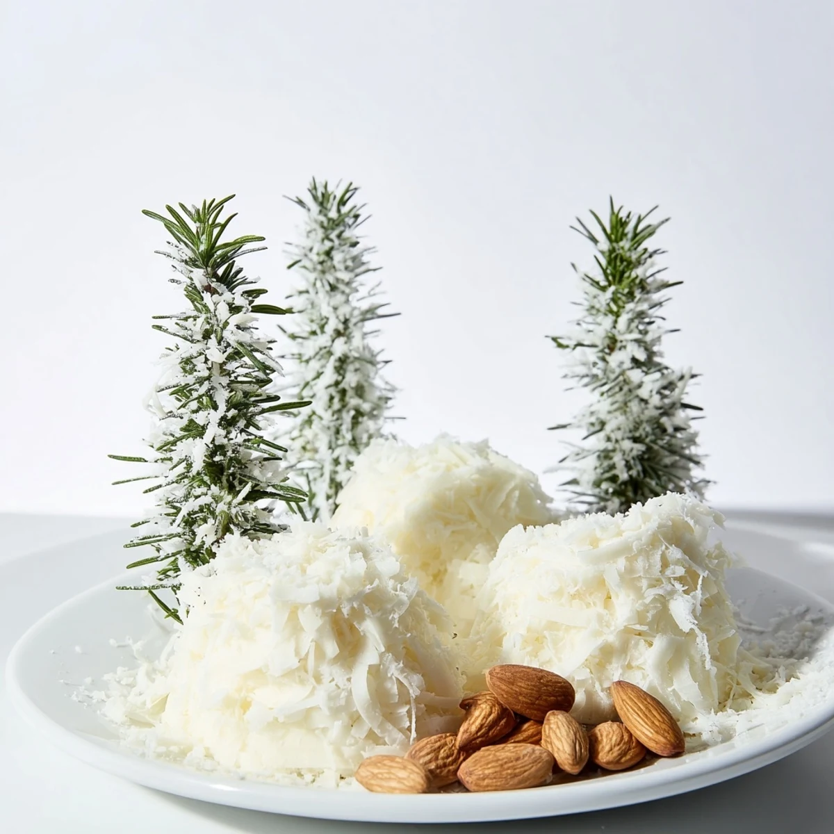A festive cheese platter of The Frosted Pine: snowy cheddar, sugared rosemary “trees”, and almond “pinecones”.