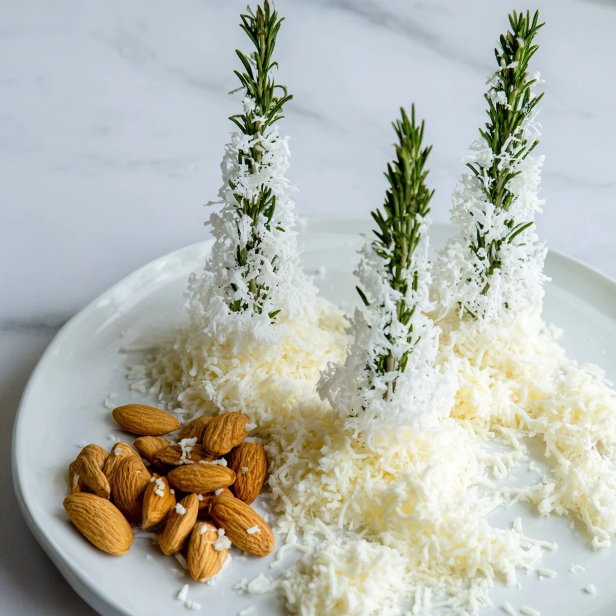 This stunning appetizer shows The Frosted Pine cheese board with vibrant green rosemary “trees” and fluffy cheese snowdrifts.