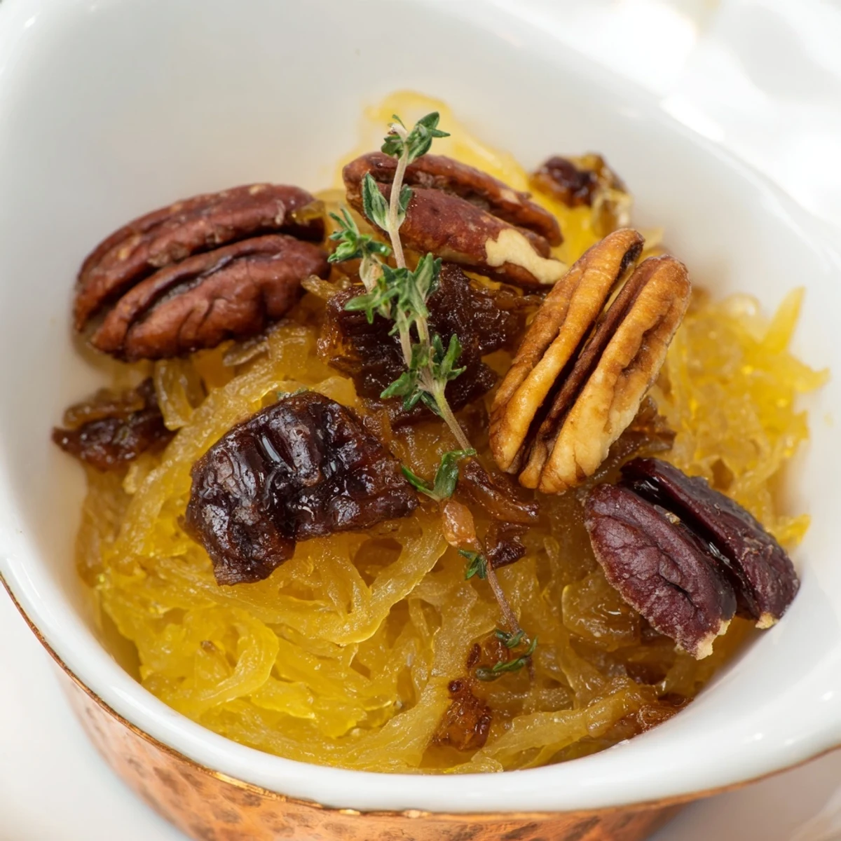 Warm, inviting photo: The Copper Kettle appetizer features caramelized onions, pecans, dates, elegantly served.