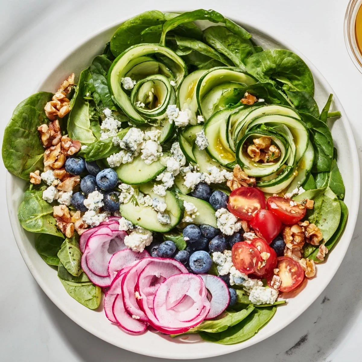 Fibonacci Fan Salad: A vibrant vegetarian salad with colorful fresh vegetables and creamy feta.
