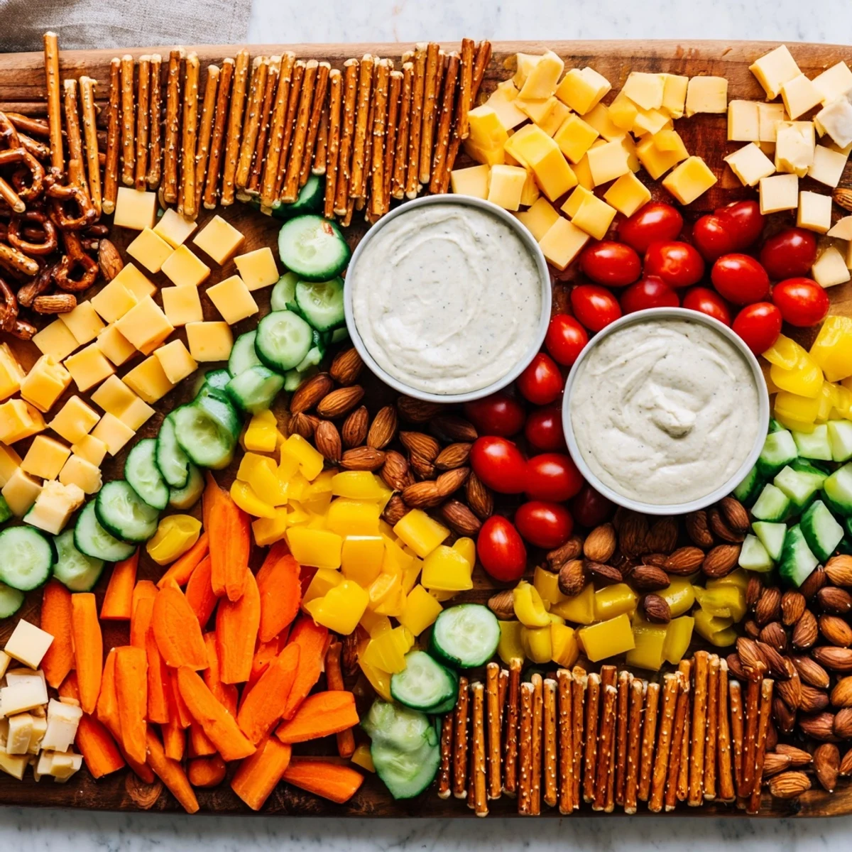 Arraying colorful bites of cheese and veggies within The Urban Grid snack platter, ready to eat.