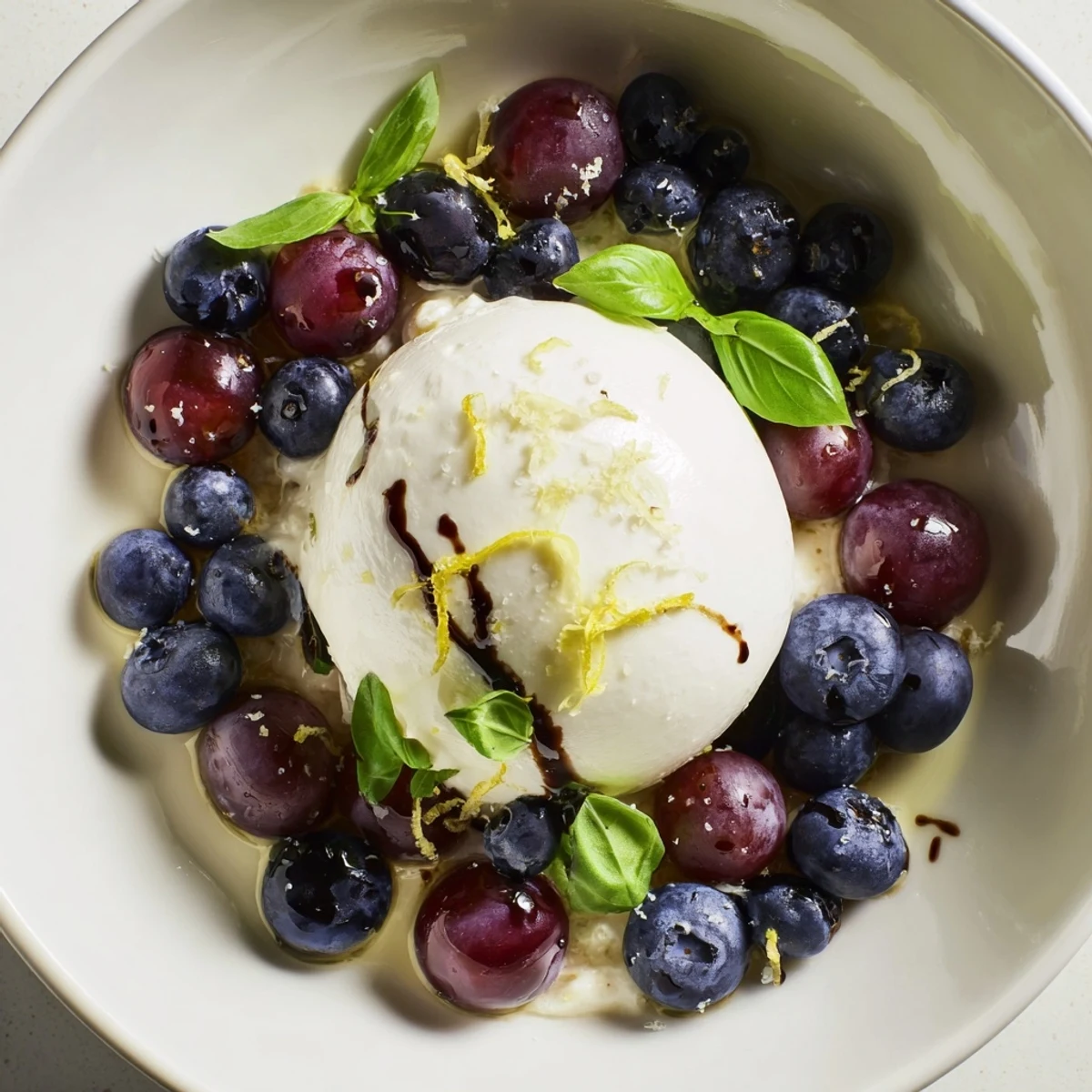 Moonlit Lagoon salad with creamy burrata moon, bursting with juicy grapes and sweet blueberries.