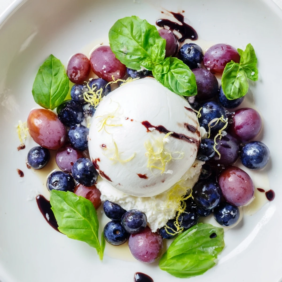 Vibrant image of Moonlit Lagoon salad: a colorful mix of berries with burrata cheese, drizzled with glaze.