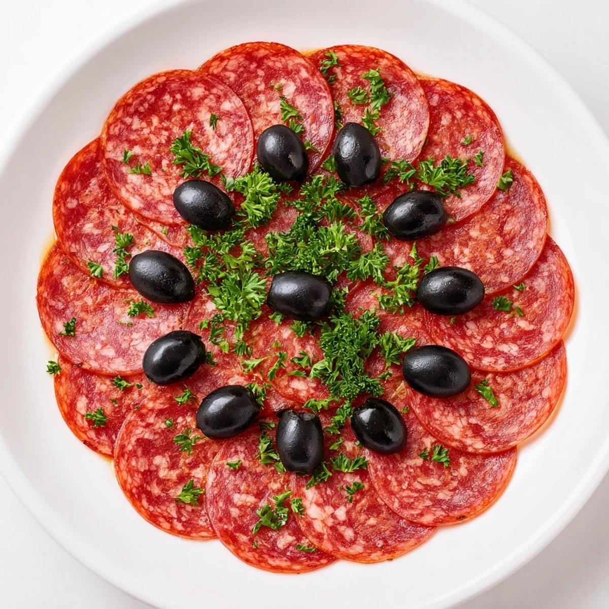 Sliced pepperoni and olive halves appetizer, showcasing vibrant red pepperoni topped with green and black olives.